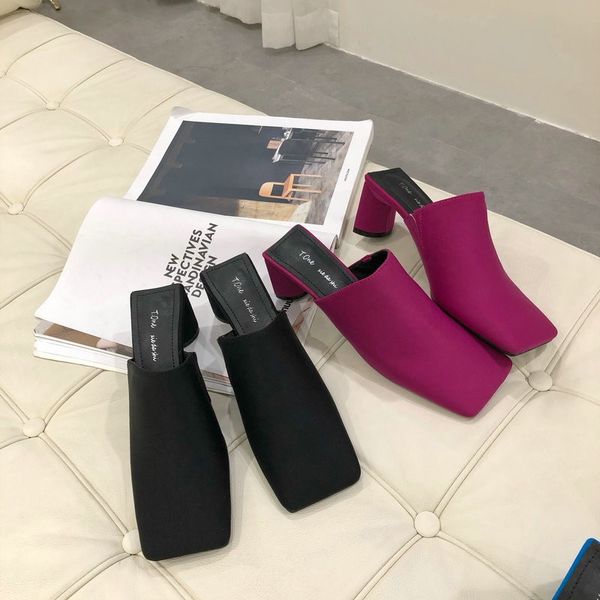 

female shoes med plush slippers for adults luxury slides mules square toe shose women 2020 fur designer cover hoof heels, Black