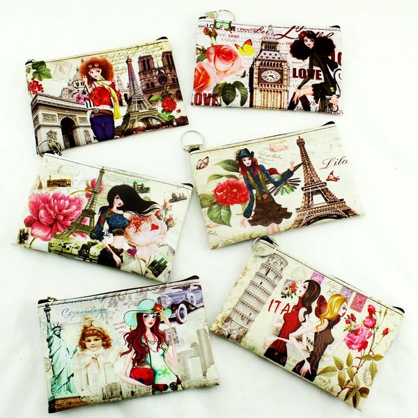 

eiffel tower / big ben / urban girl print lady coin key / phone coin zip pouch, Black