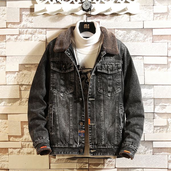 

denim jacket male 2019 new jacket wide plus velvet loose tooling, Black