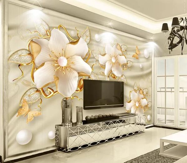 Wall Papers Home Decor Designers moderno sala de estar Wallpapers 3d luxo jóias douradas flor de seda jóias tv fundo parede