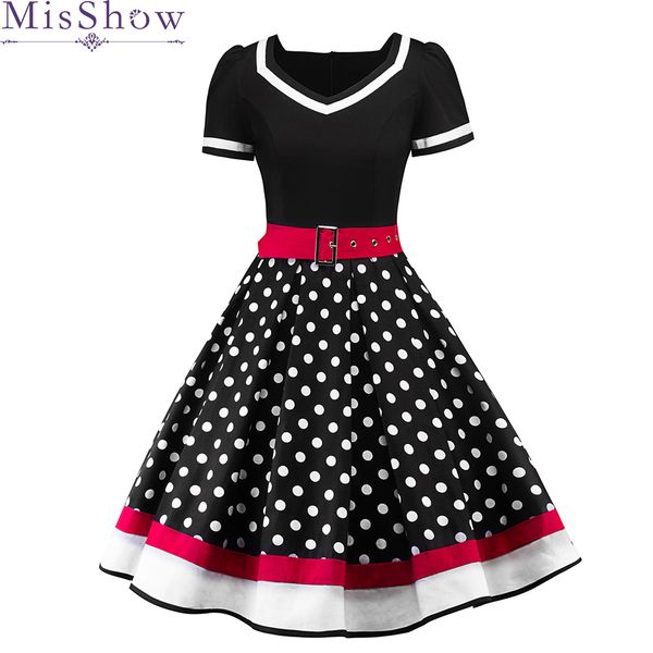 

2019 womens cocktail dresses plus size dots print retro vintage 50s casual party rockabilly belted dress vestidos femininos, White;black