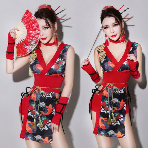 

new dance bar ds costumes cheongsam club singer performing cosplay kimono clothing for lady, Black;red