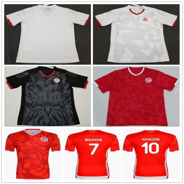 

2019 2020 tunisia soccer jerseys 7 msakni 10 khazri sliti wahbi khaoui fakhreddine hamza custom home away red white black football shirts, Black;yellow