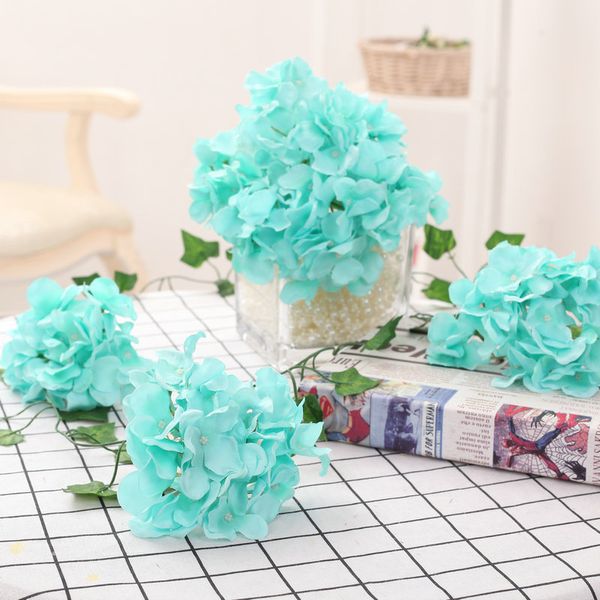 

lot 20pcs 13-15cm hydrangea flower head 27 forks home decorative silk flowers diy wreath wedding wall road lead arch flowers