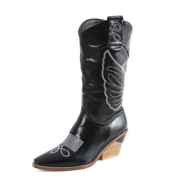 

2019 fretwork mid calf boots women faux leather wedges knee high boots square toe winter plush high heel woman western, Black