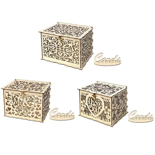 

diy wedding gift card box creative wooden hollow cards box container with lock guest wedding ornament birthday party decoration