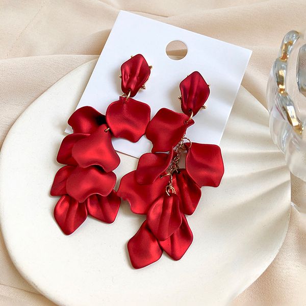 

amorcome vintage women dangle earrings rose petal long tassel earrings female korean trendy jewelry red, Golden;silver