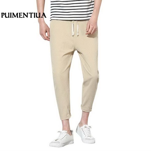 

puimentiua 2019 men's linen casual lightweight elastic waist male spring summer pants loose gym and jogger cotton trousers, Black