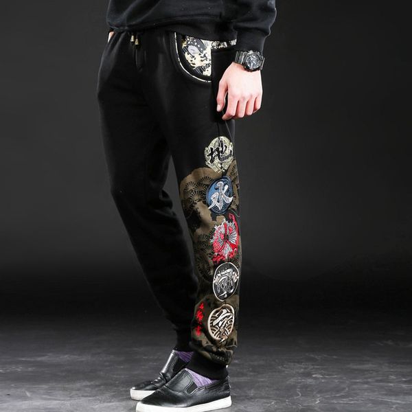 

china kanji cotton pants full length embroidery chinese thin sweatpants, Black