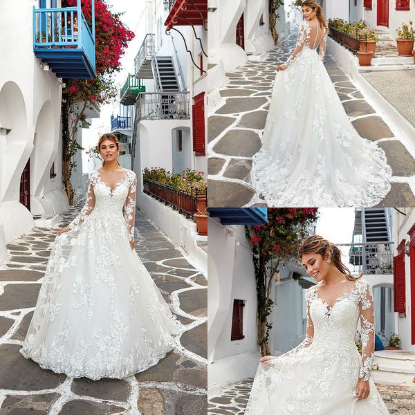 

2020 eddy k boho wedding dresses a line jewel neck elegant appliqued lace bridal gowns sweep train custom made bohemian robes de mariÃ©e, White