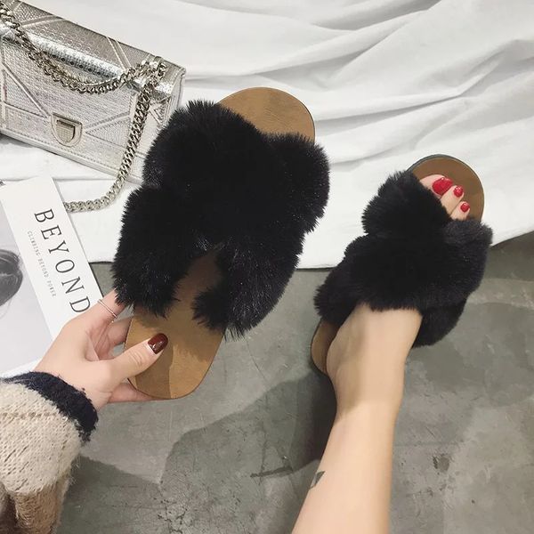 

new style plush slipper summer women's outer wear slipper flat cross belt casual versatile slippers women's, Black