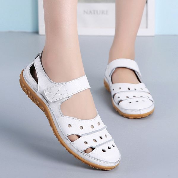 

women sandals split leather soft bottom 2019 summer flat shoes woman breathable leisure sandal cut-out mothers sandalias, Black