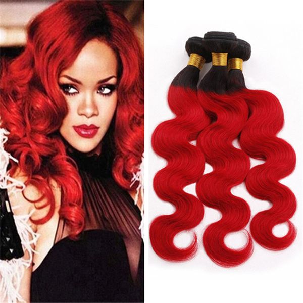 Dark Roots Red Ombre Virgin Indian Hair Weave 3 Bundles Deals