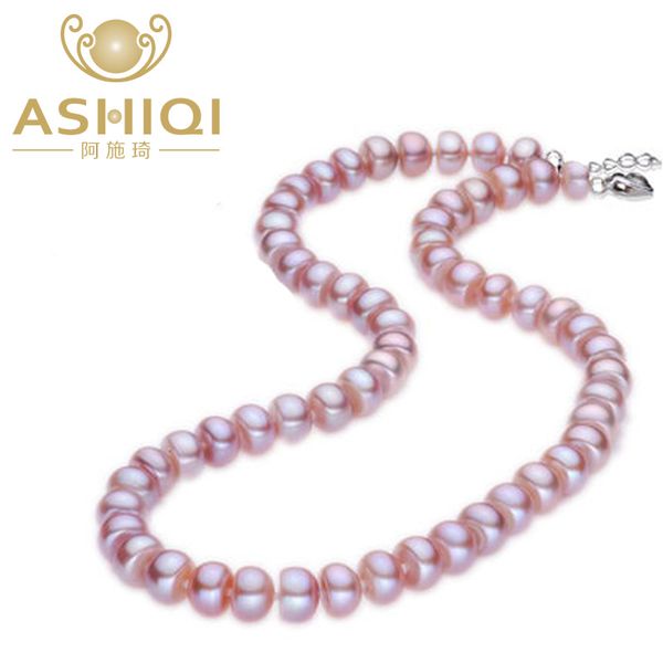 

ashiqi real 8-9mm natural freshwater pearl necklace pink purple pearl jewelry fashion necklaces 2019 for women gift, Silver