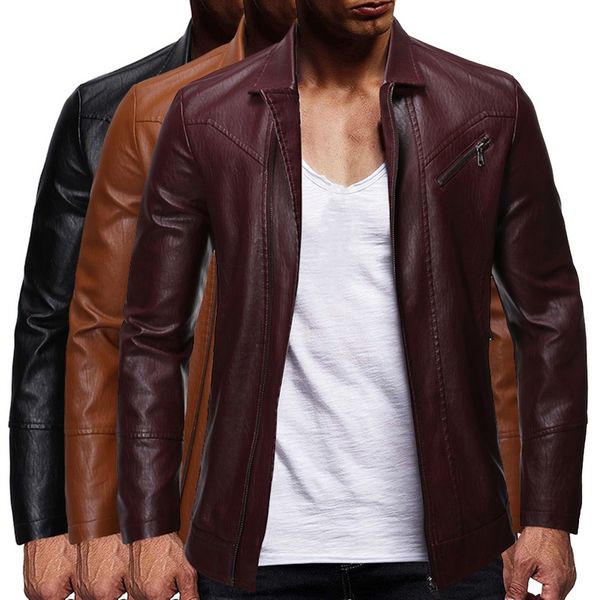 

2019 men oversize leather jacket autumn fashion outwear classic pu zipper motorcycle streetwear windbreaker pu leather jacket, Black