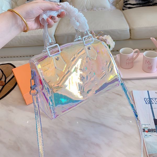 

newset handbags alma handbags printing clutch bag transparent rainbow shell laser clutches pvc flash bb clear duffle bag bxord, Red;black