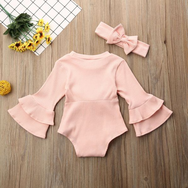 

2pcs newborn baby girl bodysuits winter knitted clothes set ruffles flare sleeve solid jumpsuits headband outfits, White