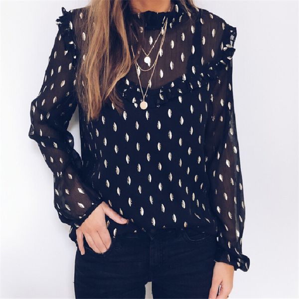 

summer women chiffon blouses 2019 ruffle dot print long sleeves blouse casual woman shirts pullover loose blusas femininas, White