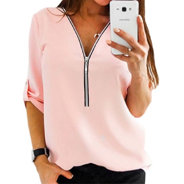 

women summer chiffon blouse v neck zipper roll up loose shirt blouses blusa ladies vestido shirts plus size s-3xl, White