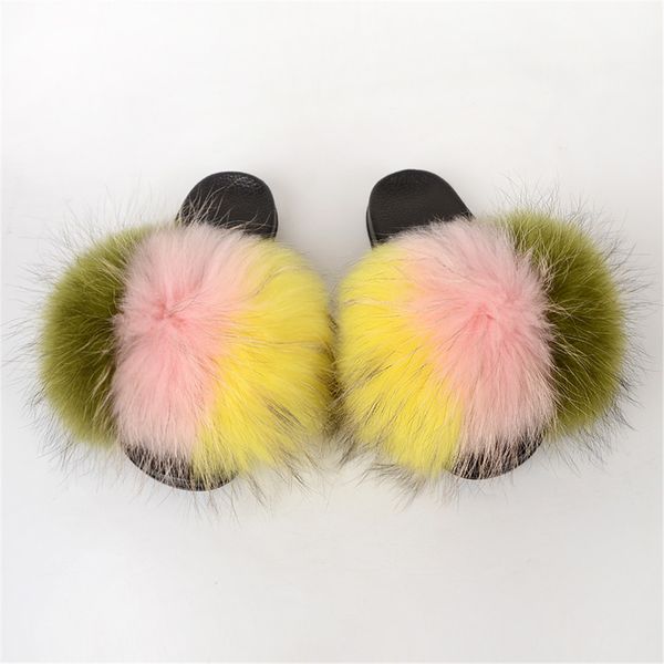 

new real raccoon fur slides women summer flip flops fluffy fur slippers casual non-slip flat sandals home slipper shoes tx-17, Black
