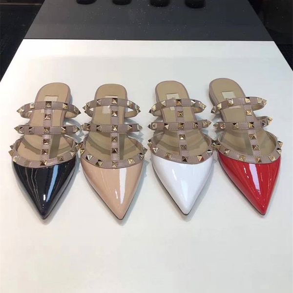

матовая лакированная кожа туфли на высоком каблуке высокое качество заостренные заклепки кожаные сандалии обнаженный черный красный тапочки, Black