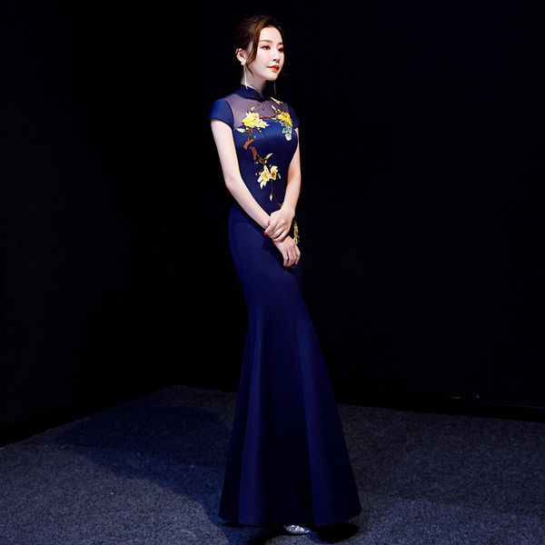 

mermaid style short sleeve fashion embroidery bride wedding qipao long cheongsam chinese traditional dress vestidos size s-xxl, Red
