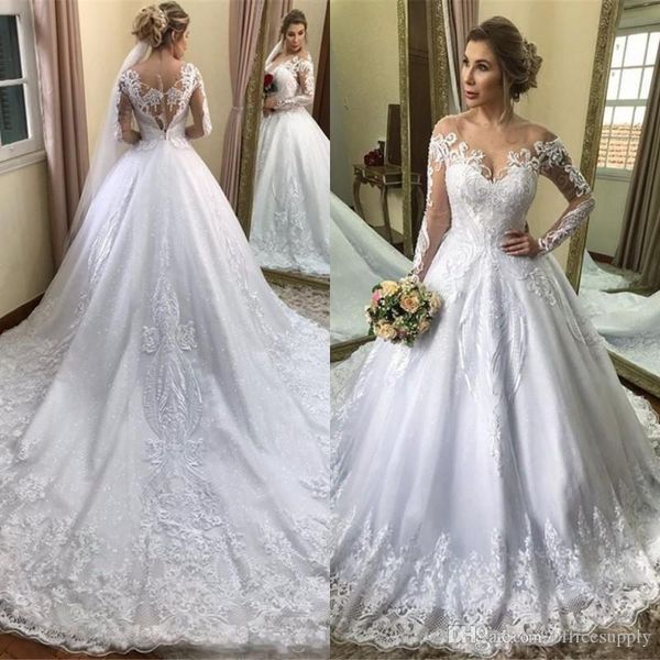 

2020 длинные рукава puffy свадебные платья arabic с плеча кружева аппликация свадебные платья с поезда суда плюс размер платья материнства, White