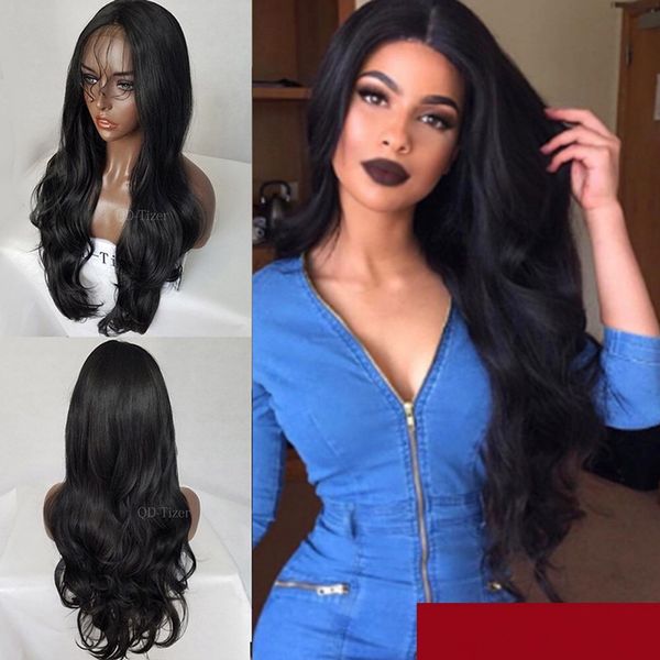 

high-quality popular lady temperament centre-parted wavy long hair fluffy black curly wig front lace chemical fiber hair wig