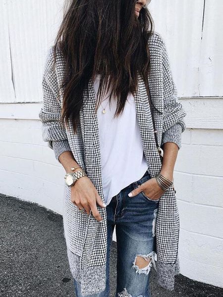 

2019 горячая распродажа новая весна и осень мода плед кардиган женщины топы шерстяные пальто, Black