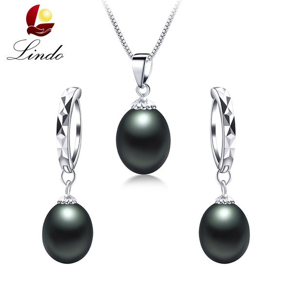 

100% natural freshwater pearl jewelry sets women fashion 925 sterling silver wedding necklace set real pearl 8-9mm most popular, Black