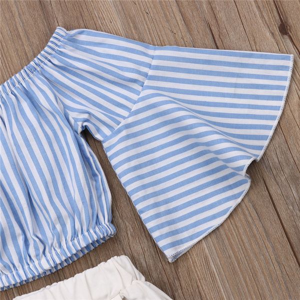 

1-6y toddler baby girl kid summer ruffle sleeve striped off shoulder t-shirt ripped long pants outfit girl clothes 2pcs set