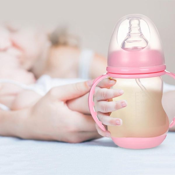 

portable nursing bottles silicone leak-proof wide mouth baby water drinking bottles dual handle feeding cup with dust cover