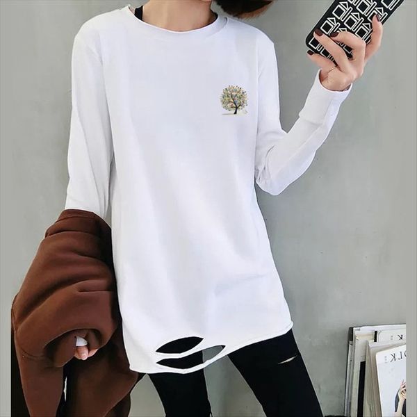 

ins's clothing loop pin pine cot loose medium and long women's co with tack hole base shirt broken edge loose medium and long wome, White