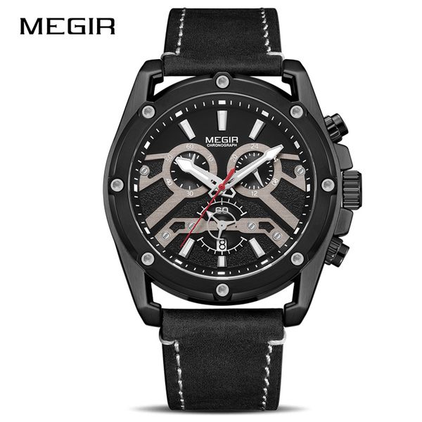 

megir watch men waterproof chronograph male clock genuine leather business casual sport new wristwatch, Slivery;brown