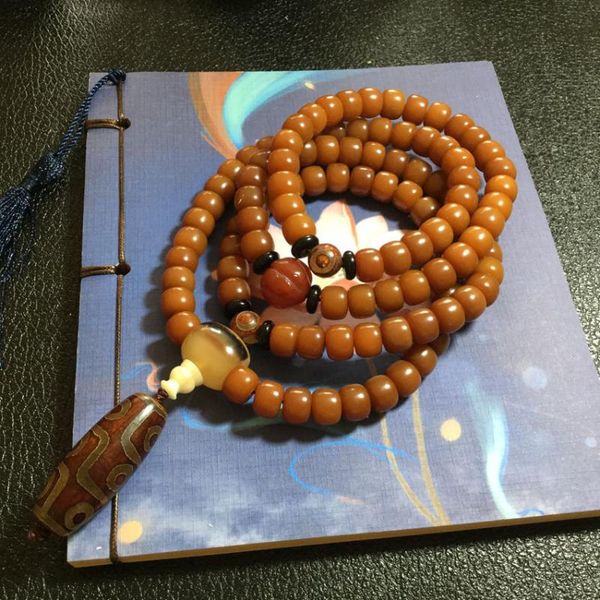 

natural 108 beads beeswax buddhist buddha bracelet meditation prayer bead mala bracelet women men rosary nine-eyed agate jewelry, Golden;silver