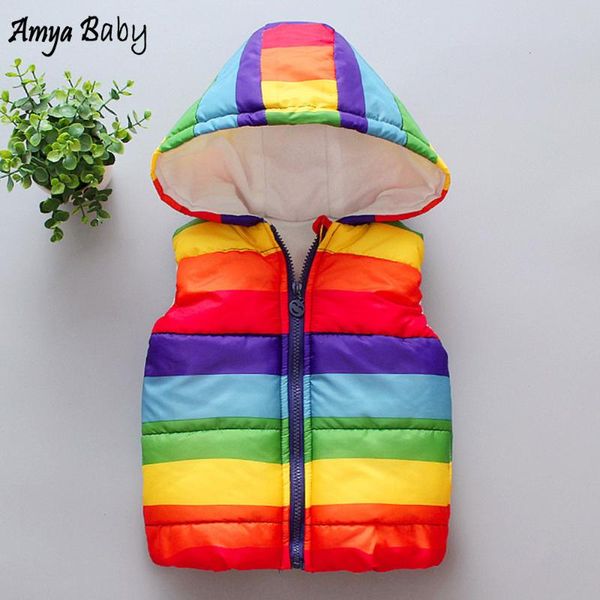 

amyababy 2020 зима дети теплый жилет сгущает полосатый капюшоном девушки малыша жилет дети одежда unisex мальчики девочки топы, Blue