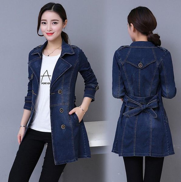 

autumn women casual slim long denim trench coat female boyfriend jean overalls plus size double-breasted windbreaker coats y79, Tan;black
