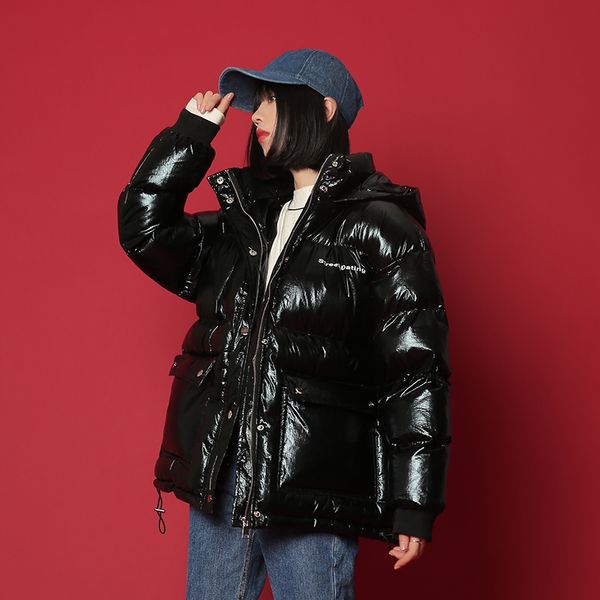 

winter long bright glossy fabric cotton coat female loose oversized thicker warm jacket fluffy bread style cotton jacket f260, Black