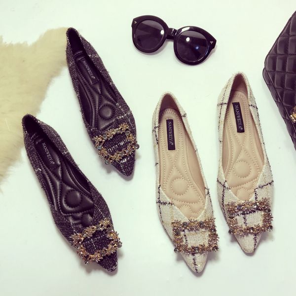 

rhinestone square buckle ballet flats women mixed color plaid weaving flat shoes woman crystal slip on loafers moccasins ns83, Black