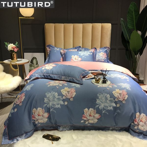 

blue floral egyptian cotton bedding set pastoral lotus print duvet cover satin bedspread  king size bed set pillowcases