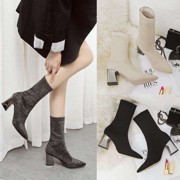 

women's sock boots mid calf knitted elastic med block heel pointed toe shoes stretch fabric shoes v4, Black