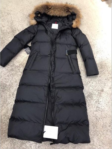 

женские зимние пуховики толстые x-длинные с поясом вниз парки 100% большой настоящий енот меховой воротник с капюшоном пуховик 2 цвета, Black