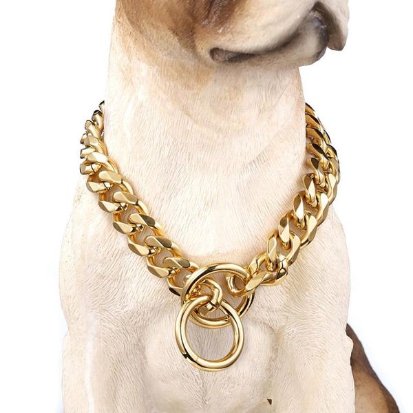 

strong stainless steel gold useful dog choke cuban chain with circle dog collar metal slip chain training collar, Silver