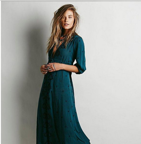 

new fashion design vestidos women vintage ethnic flower embroidered cotton tunic casual long dress hippie boho people asymmetric, Black;gray