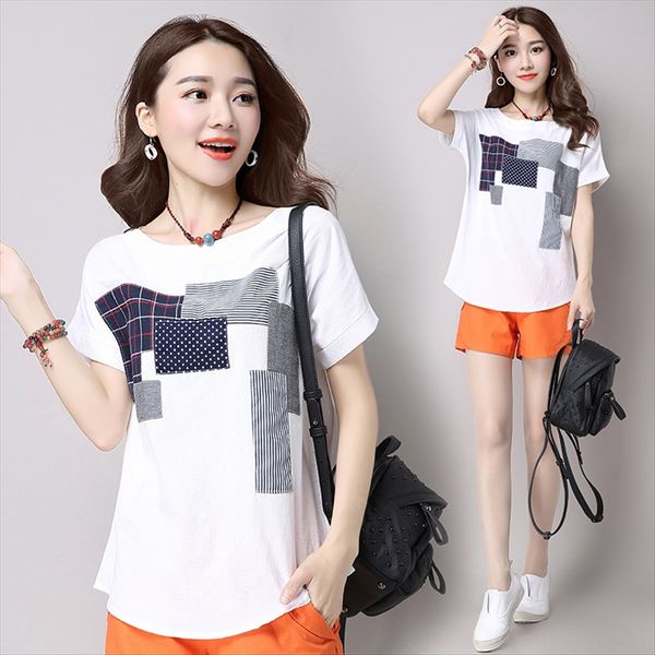 

and cotton cotton linen short-sleeved t-shirt loose large size casual linen women's round collar base female, White