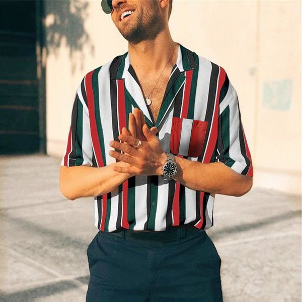 

men's shirt camisa summer short sleeve shirts fashion striped turn-down collar male blouse streetwear camisa masculina, White;black