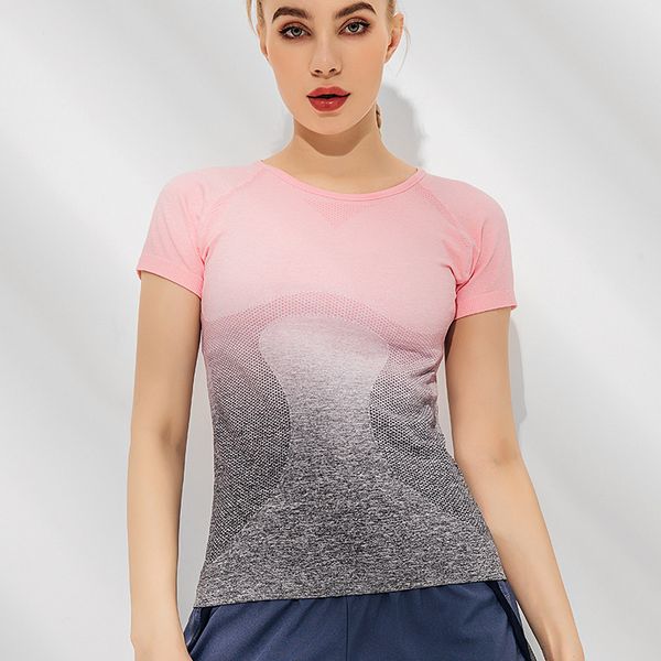 

2019 gradient color sports t-shirt women's skinny short sleeve thin outdoor running quick dry t-shirt fitness yoga wear, Black;red