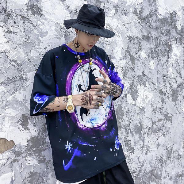 

2020 foreign trade cross border summer men's new national fashion hand painted winged dragon star sky short sleeve t-shirt fashion bran, White;black