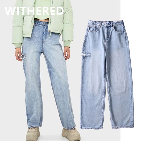 

withered boyfriend jeans for women england high street vintage cut hole mom jeans woman high waist ripped for women, Blue
