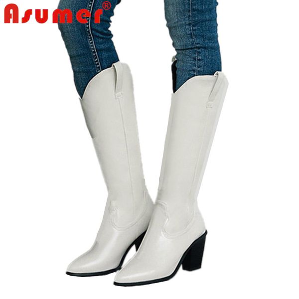 

asumer plus size microfiber leather women boots pointed toe western cowboy boots women mid-calf thick high heels ladies, Black